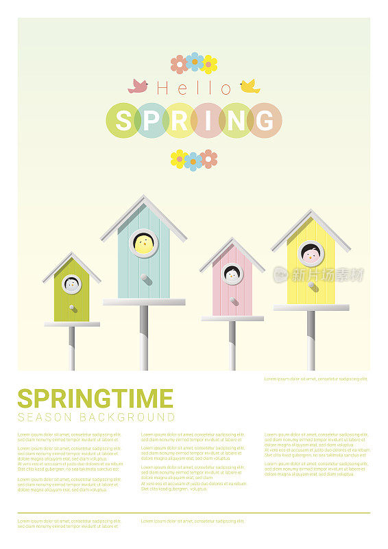 Hello spring background with little birds in birdhouses 3
